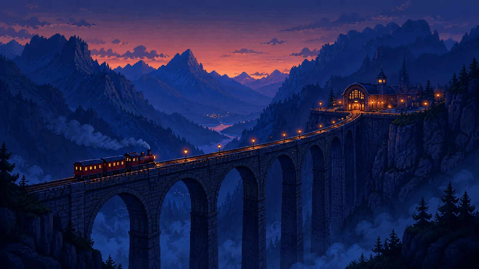 Pixel-art concept of a red train approaching a mountain station at dusk