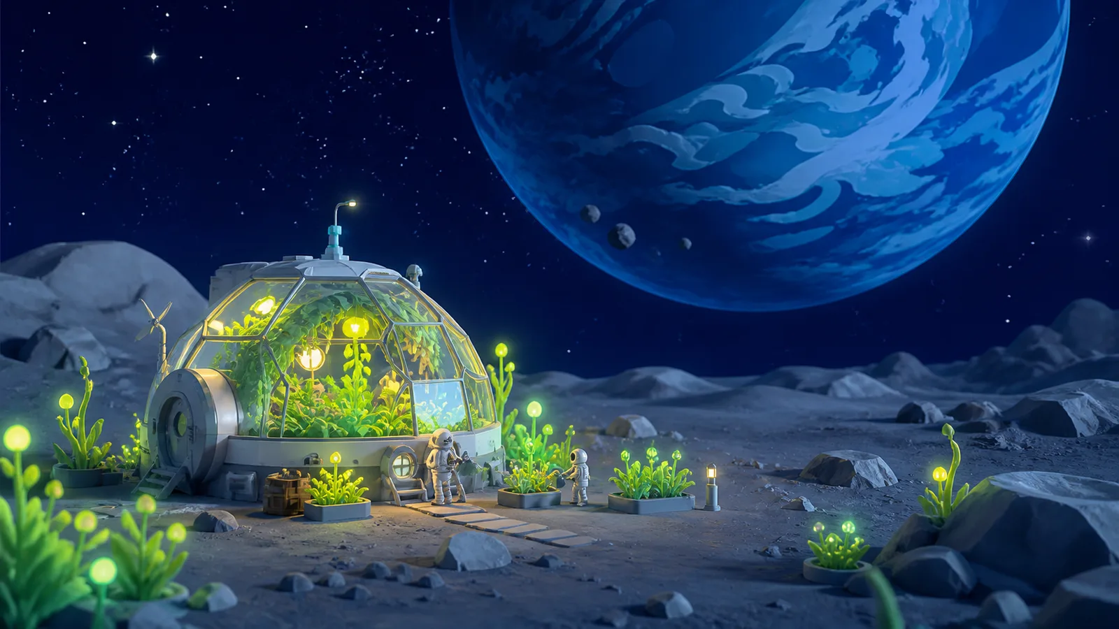 Concept art of astronauts tending a glowing greenhouse beneath a blue planet